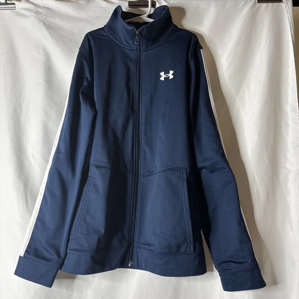 Under Armour Youth Large Pennant Full Zip Up Navy Blue Track Jacket White Stripe